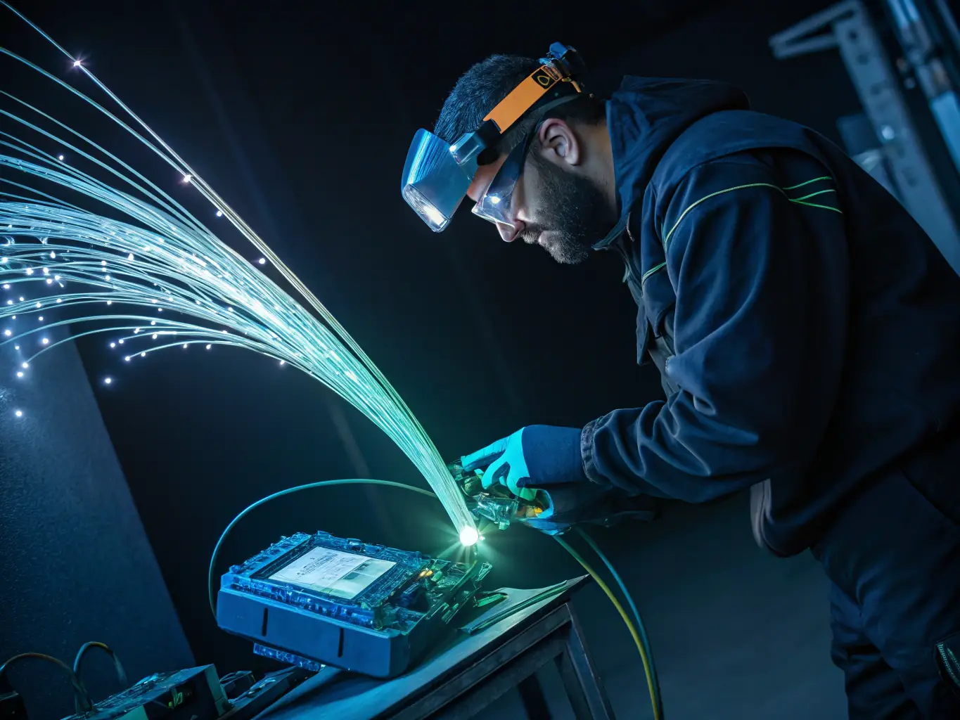 A high-angle shot of a fiber optic cable being carefully spliced by a technician in a clean, well-lit environment. The technician is wearing appropriate safety gear, and the focus is on the precision and care involved in the process.