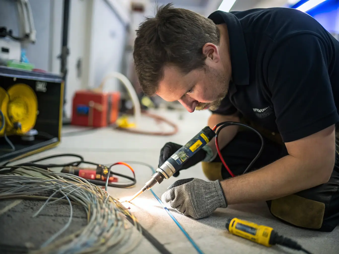 A close-up shot of a technician using specialized equipment to test the signal strength of a fiber optic cable. The equipment displays detailed diagnostic information, highlighting the precision of the testing process.